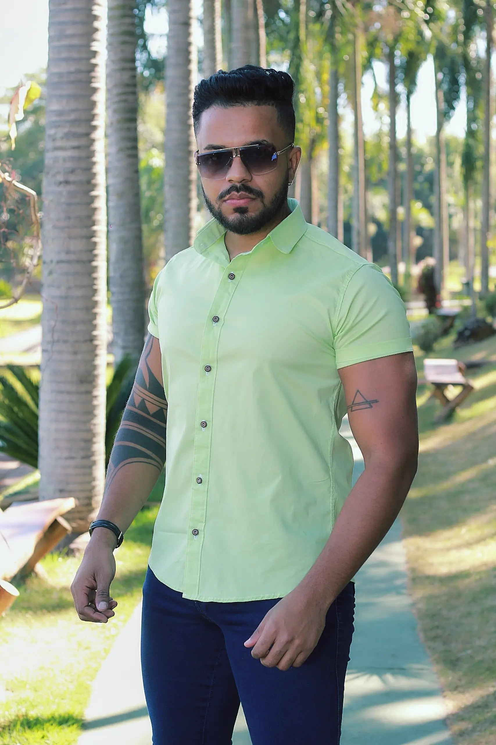 Camisa Slim Fit  Verde Lima Lisa Algodão Premium Com elastano